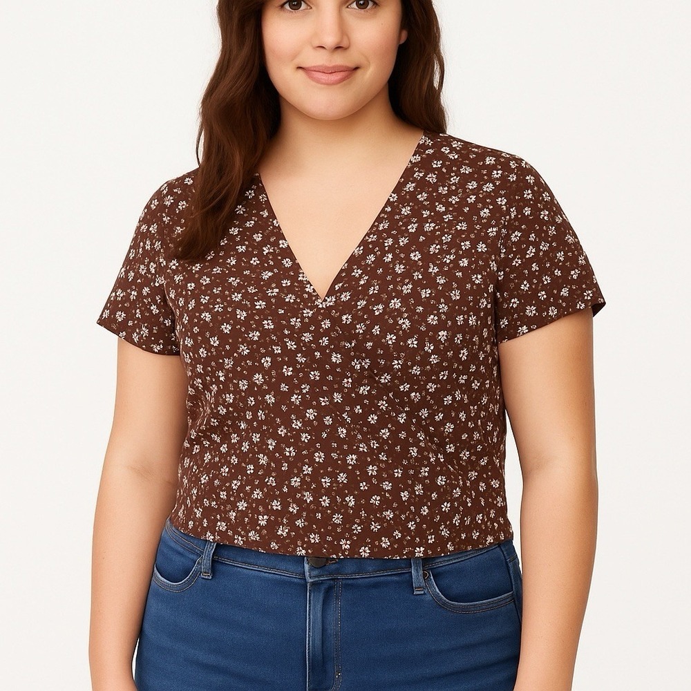 Vibe Sportswear Shirt Junior Large Brown Floral Short Print Sleeve V Neck